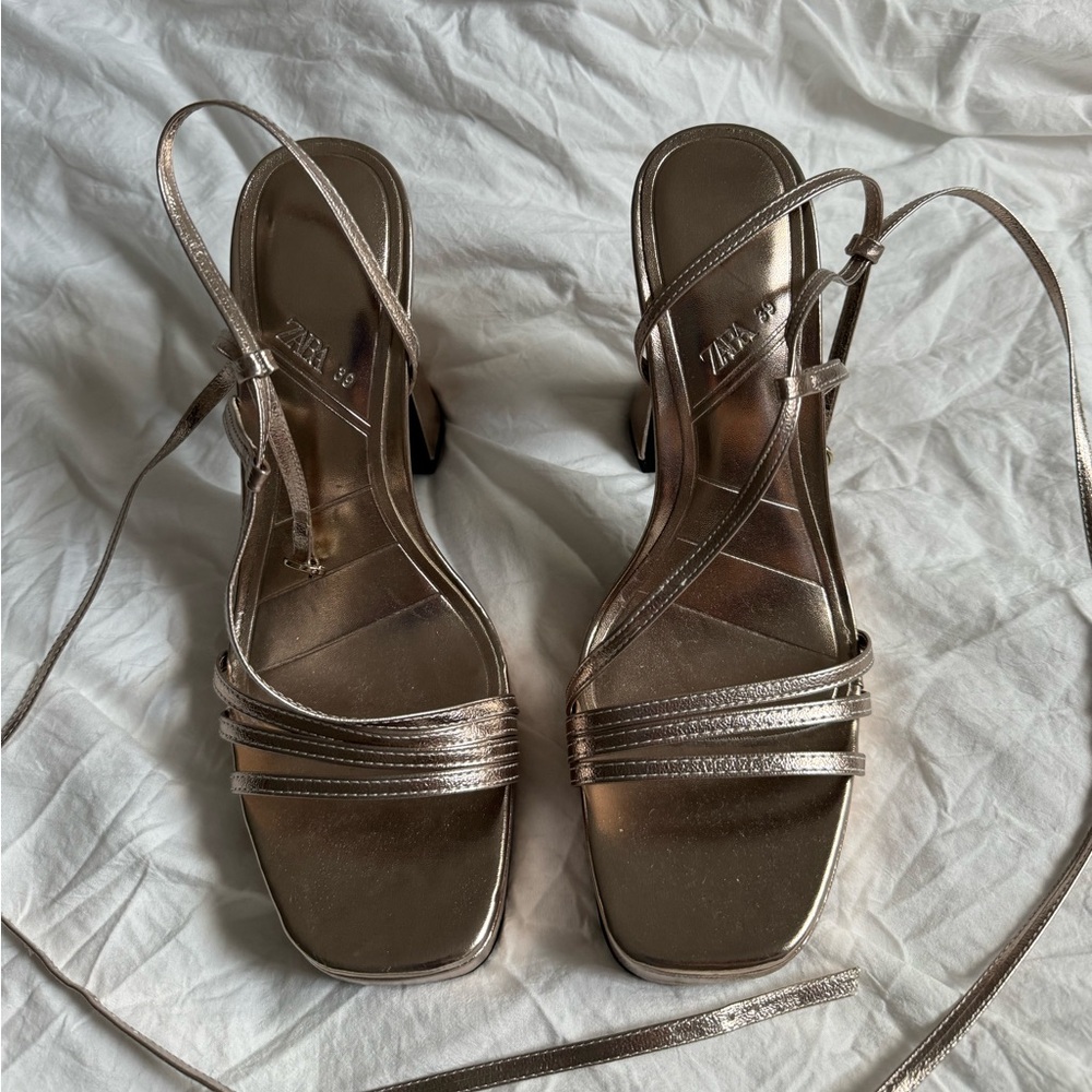 Zara Bronze strappy block heels